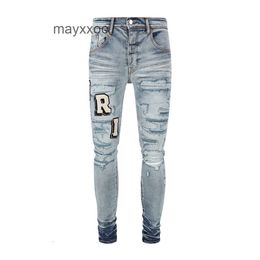 Mångsidig liten lila Wash Jean Hole Letter Amiiris Designer Slim Fit Jeans Foot Mens Patch Embroidery Fashion Casual Trendy Denim Mens Water 14R5