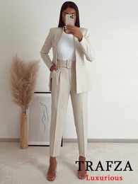 TRAFZA Office Lady Beige Women Suits Long Sleeve V Neck Oversized BlazerHigh Waist Wide Leg Pants Fashion Vintage Sets 240428