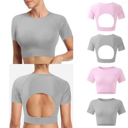 Women's T Shirts Women Backless Crop Top Gym Yoga Workout Vest Shirt Solid Colour Y2K Short Sleeve Basic Summer Slim