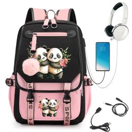 Backpack Panda Print Girls School Bag Cute Cartoon Bags For Student Teens Bookbag Laptop Teenager Usb Mochila