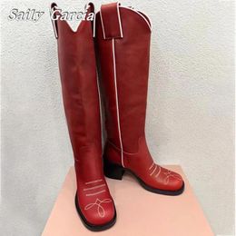 Boots Red Genuine Leather Knee High Slip On 2024 Autumn Mid Heel Motorcycle Round Toe Fashion Casual Shoes