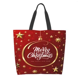 Shopping Bags Merry Christmas Extra Large Grocery Bag Golden Ribbon Stars And Beads Reusable Tote Travel Storage Handbag