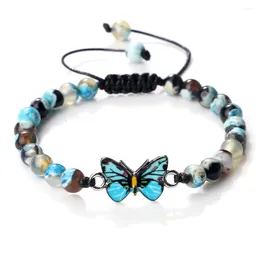 Strand 6mm Natural Stone Fashion Bracelet For Women Blue Butterfly Pendant Charm Bangles Agates Tiger Eye Lava Beads Bracelets Jewelry