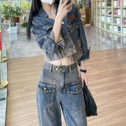 Two Piece Women Clothing Denim Pant Sets Spring Autumn Long Sleeve Short Jacket Female Street Fashion Loose Vintage Jeans Suit 240418