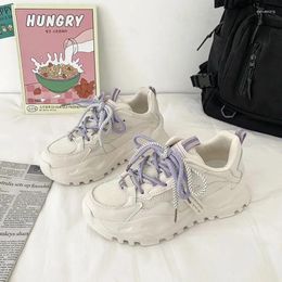 Casual Shoes Sneakers Women Lace Up Thick Sole Woman Chunky Leather Vulcanize Mixed Colour Tennis