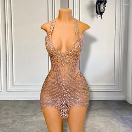 Party Dresses Sexy See Through V-neck Sparkly Silver Handmade Crystals Black Girls Short Prom 2024 For Birthday