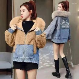Women's Jackets Winter Parka Female Korean Loose Lamb Wool Plus Velvet Thicke Short Denim Jacket Outerwear Women LLetters Hooded Streetwear