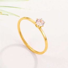 Band Rings Solitaire RStainless Steel Korean Fashion Thin Pink Ring with AAA+Cubic Zirconia Gold Plated Jewellery Suitable for Women KBR111 J240429