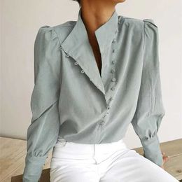 Women's Blouses Shirts Elegant Turtleneck Blouse Long Slve White Shirt Office Ladies Top Casual Solid Single-Breasted Puff Slve Womens Blouses Y240426
