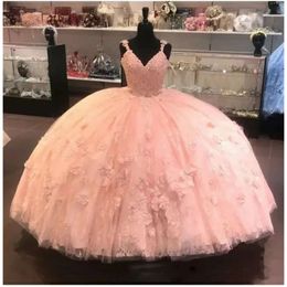 Klänningar spetsar ljus spaghetti rosa quinceanera remmar applikation golvlängd handgjorda blommor tyll anpassad söt 15 16 prinsessan pageant boll klänning