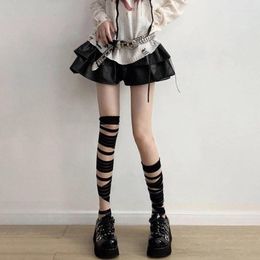 Women Socks Lolita Black White Bandages Thin Jk Uniform Cross Straps Long Knee Length Stockings Women's Cosplay Sexy Thigh