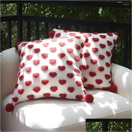 Cushion/Decorative Pillow Red Three-Nsional Love Heart Er Embroidery Pattern 45X45Cm Decorative Pillowcase For Sofa Housse De Coussi Dhoeb