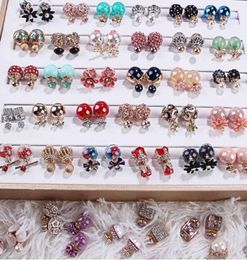 Random mix 15 style 15Pairslot delicate Crystal Pearl Double sided Earrings Opal gemstone screw Earrings Fit girl Madam5145033