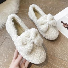 Casual Shoes Bow Fur Flats Women 2024 Winter Fashion Cotton For Round Head Plush Loafers Zapatos De Mujer