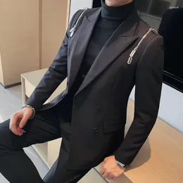 Men's Suits Zipper Design Winter Man Business Blazers Thick Solid Black Personality Leisure Slimming Suit Jacket Banquet Party Dress/tuxedo