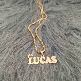 Pendant Necklaces Customised name pendant with crown stainless steel thick box chain gold Personalised name necklace girls birthday giftWX