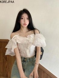 Women's Blouses Korejpaa French Style White Shirt Ruffle Slash Neck Off Shoulder Short Shirts Women 2024 Summer Slim Crop Top Ins Fashion