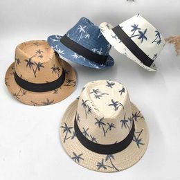 Wide Brim Hats Bucket Hats Hat mens small brimmed str hat jazz hat summer woven sun shadow coconut tree printed beach sun hat J240429
