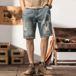 Summer Thin Mens Perforated Denim Shorts Korean Version Pi Shuai Street Trend HighQuality Loose Light Blue Jeans 240415