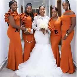 Bridesmaid Dusty Neckline Mermaid Orange Dresses Jewel Ruffles Ruched Floor Length Custom Made Chiffon Plus Size Maid Of Honor Gown Vestido