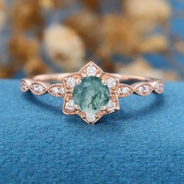 Luxurious Natural Stone Texture Different Green Moss Grass Agate Vouple Flower Ring For Women Sterling S925 Silver Gift Jewellery 240416