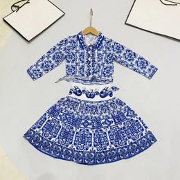 Clothing Sets 2024 Latest Style Spring And Autumn Girls' Shirt Top Short Skirt Set Classic Pattern Blue Red Flower DD4456