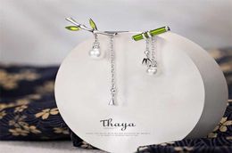 Thaya Enamel Women Earring Green Bamboo Dangle With Pearl Retro Cute s For Silver Fashion Jewellery 2201085231015