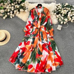 Casual Dresses High Quality Chiffon Bow Lace Up Collar Women Print Flower Summer Spring Fashion Elegant Party Holiday