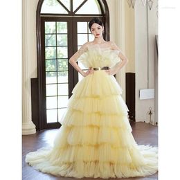 Party Dresses Princess Yellow Prom Spaghetti Strap Belt Sweet Cake Tiered Sweep Train Sleeveless Long Formal Evening Gowns 2024