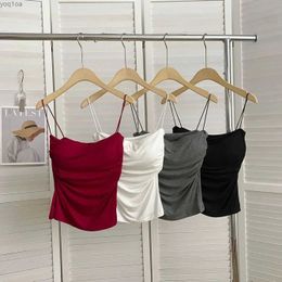 Women's Tanks Camis Womens sleeveless top vest underwear sexy short top thin belt pure white vest Korean styleL240429