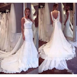 Chapel Backless 2020 Dresses Train Mermaid Sexy Lace Applique Beaded Waist Crystals Custom Made Scoop Neck Wedding Gown Plus Size