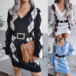 Casual Dresses Geometric Printed Cashmere Dress Winter Warm Long Sleeve V Neck Wool Knitted Pullover Christmas Sweater Party Vestidos