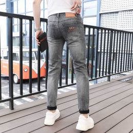 End High Printed Jeans Mens Elastic Slim Fit Casual and Trendy Brand Washed Light Luxury Fashion Pants