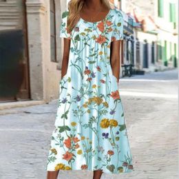 Casual Dresses Summer Elegant Women Short Sleeve Floral Print Ladies Dress Crew Neck Maxi Slim Female