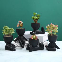 Vases Creative Black Figure Flower Pot Succulent Plant For Home Tabletop Decor Cactus Potted Abstract Statue PlantPot