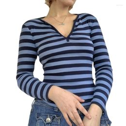 Women's T Shirts Women Casual Striped Crop Shirt Vintage V Neck Long Sleeve Slim T-Shirts Ladies Leisure Blouse Fall Spring Pullover Tops
