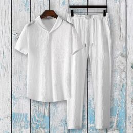 2PcsSet Casual Outfit Turndown Collar Elastic Waistband Pleated Men Short Sleeve Shirt Drawstring Long Pants Set 240412