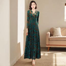 Casual Dresses Autumn Long Female Print Party Evening Elegant V Neck Velvet Formal Robe Gown Maxi Dress For Women Clothing Vestidos