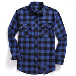 Men's Casual Shirts 2024 Men Plaid Flannel Shirt Long-Sleeved Chest Two Pocket Design Fashion Printed-Button (USA SIZE S M L XL 2XL)