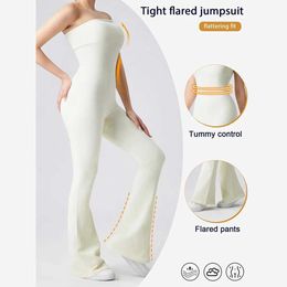 Women's Tracksuits Womens Sexy Ribbed One Piece Tube Jumpsuit Rompers Flared Trousers Tights Push-up Sports Bodysuit Women Fitness Suit Y240426