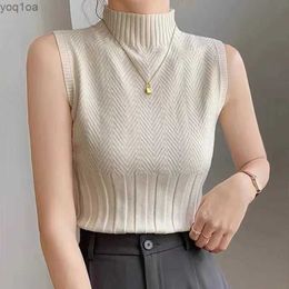 Women's Tanks Camis Womens knitted crop top black vest top 2024 summer clothing spring sleeveless half turtle neck vest sexy white topL240429