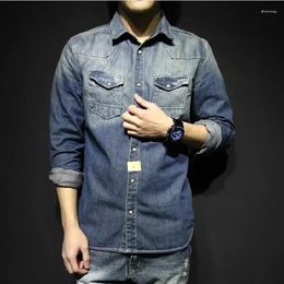 Men's Casual Shirts Vintage Distressed Washed Denim For Men England Style Slim Fit Long Sleeve Blouse Heavy Weight Retro Youth Male Tops