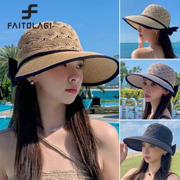 Summer Girls Sun Hats Wide Brim Bowknot Straw Hat with Ribbon Outdoor Protection Women Soild Colour Ladies Panama Caps 240423