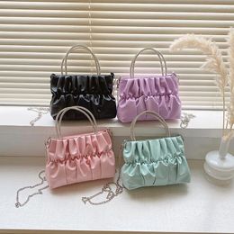 Evening Bags 2024 Solid Color Pleated Messenger Bag Rhinestone Top Handle Handbags Chain Crossbody Phone Purse Square Design Ladies