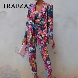 TRAFZA Autumn Winter Women Office Lady Print Suits Loose Shrug BlazersMid Waist Slim Pencil PantsHollow Out Short Camis 240428