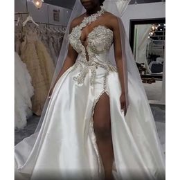 Arabic Size Aso Plus 2021 Ebi Crystals High Split Wedding One Shoulder Sexy Satin Bridal Gowns Zj205