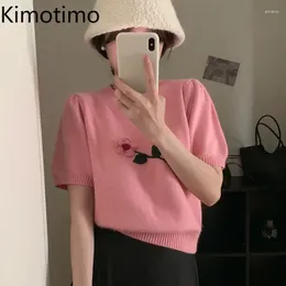 Women's Sweaters Kimotimo Short Sleeve Sweater Women Korean Chic O Neck 3D Flower Design Slim Pullover Summer Sweet All Match Knitted Crop