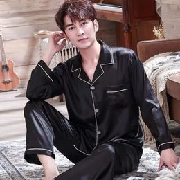 Men Pajama Sets Silk Satin Pijama Turn-down Collar Sleepwear Long Sleeve Spring Nightwear Male 2 Pieces Sets Homewear 240428