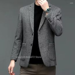 Men's Suits Casual Plaid Notched Lapel Suit Jacket Houndstooth Wedding Business Blazer For Men Formal Male Fashion Coat Party Prom