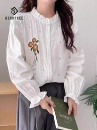 Women's Blouses Spring Cotton Embroidery Shirt Women Stand Long Sleeve Simplicity Tops Girl Loose OL Commute 2024 Autumn T44701QC